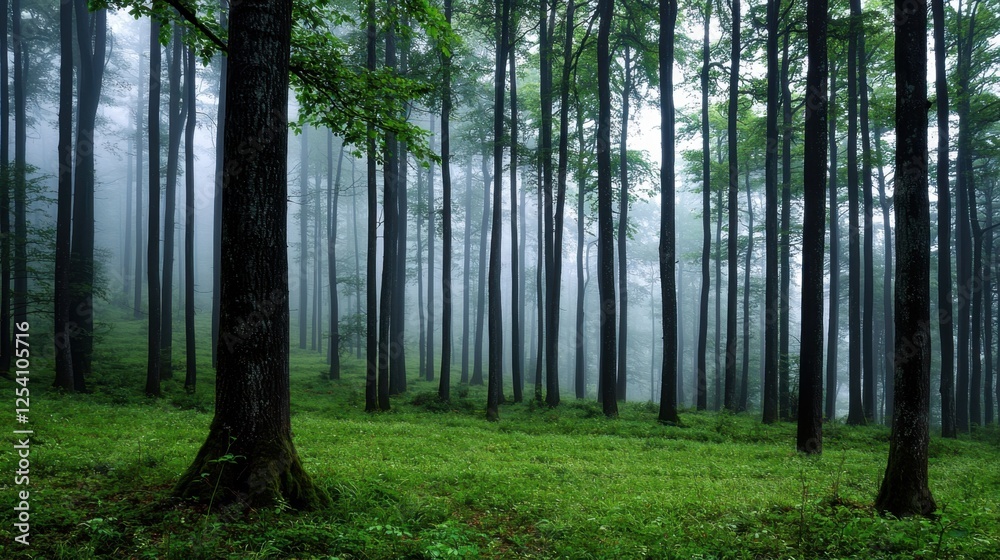 Obraz premium Majestic tall trees rise from a carpet of vibrant green grass in a misty forest. The soft morning light filters through the fog, creating an ethereal atmosphere