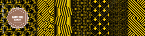 Collection of seamless bright decorative geometric patterns - ornamental luxury design. Black and yellow endless fabric striped texture. Royal repetitive vintage backgrounds