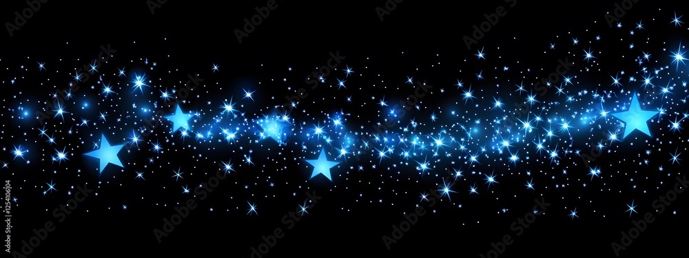 Fototapeta premium Vector illustration of glowing blue stars on a black background 