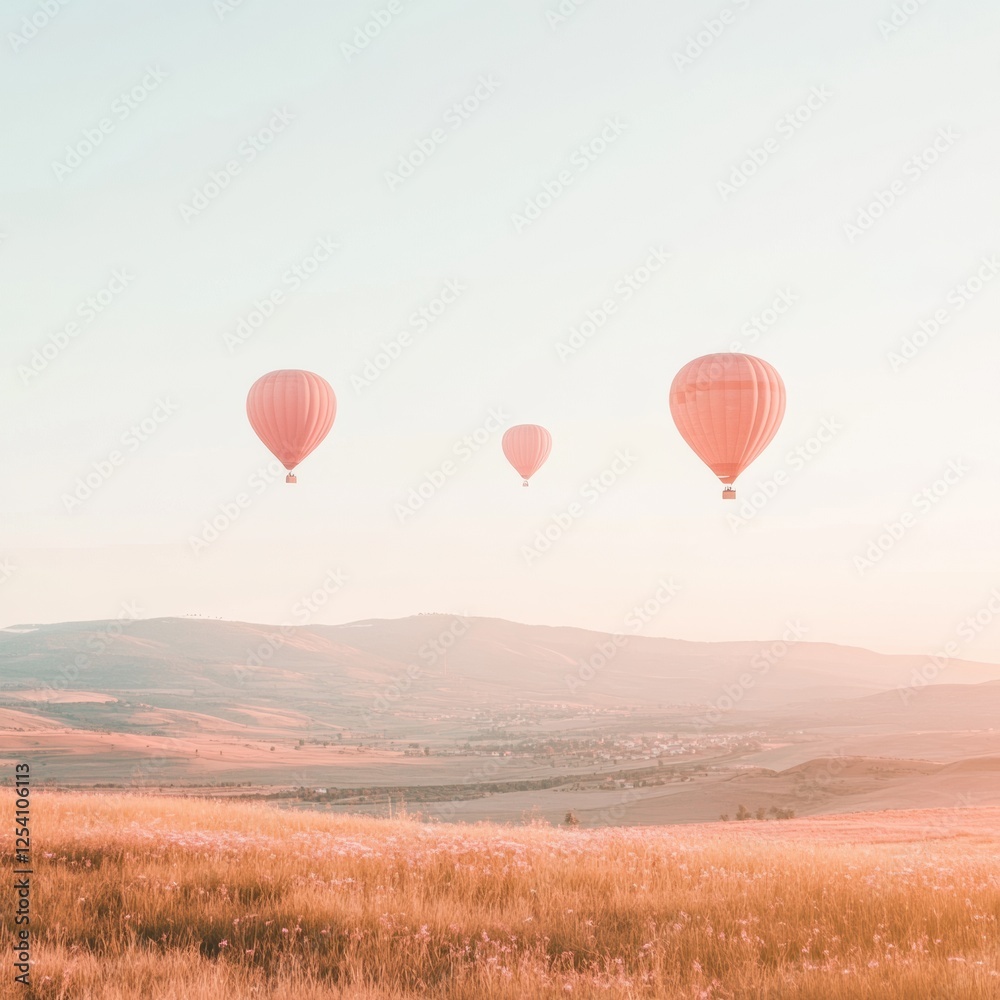 Fototapeta premium Hot air balloons gracefully ascending over a serene field at sunrise with distant mountains. Generative AI