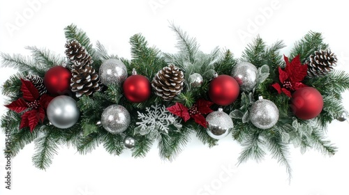 Festive Christmas garland with red and silver ornaments