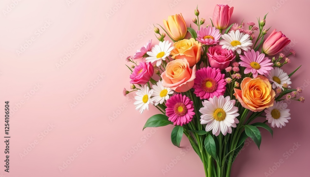 Vibrant bouquet of mixed garden flowers arranged on a light pink background with ample copy space. Roses, daisies, tulips and gerberas illustration. Floral design for greetings cards. Vibrant bouquet of mixed garden flowers arranged on a light pink background with ample copy space. Roses, daisies, tulips and gerberas illustration. Floral design for greetings cards.