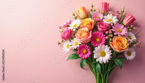 Wallpaper Mural Vibrant bouquet of mixed garden flowers arranged on a light pink background with ample copy space. Roses, daisies, tulips and gerberas illustration. Floral design for greetings cards. Torontodigital.ca