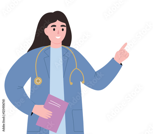 A woman doctor shows, explains, gives instructions, makes a presentation. Vector flat graphics.