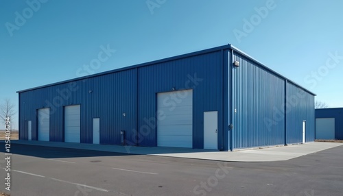 Fototapeta Naklejka Na Ścianę i Meble -  Wide blue metal commercial building with doors stands on paved lot, clear sky background. Steel industrial warehouse, factory architecture, storage construction. Real estate property. Copy space.