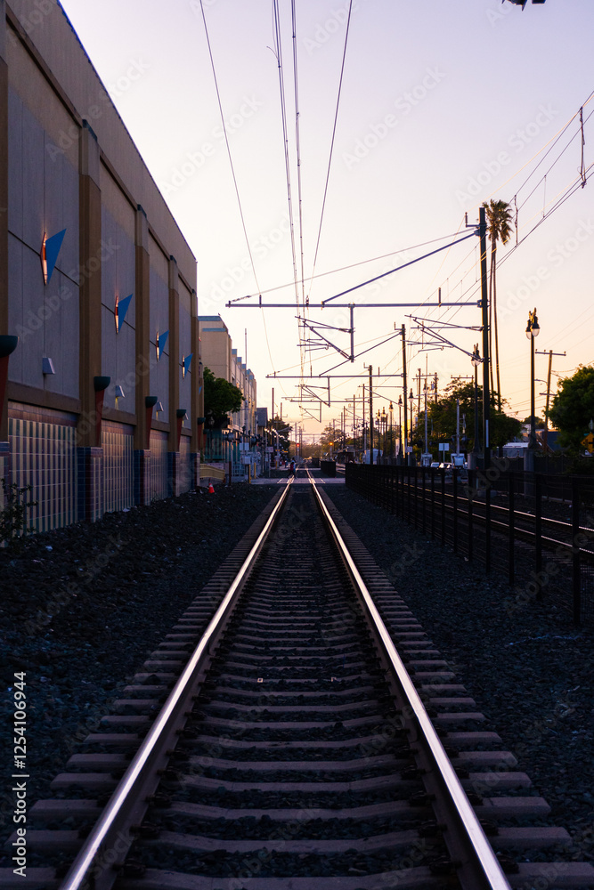 Caltrain Railroad in San Mateo at Sunset Caltrain Railroad in San Mateo at Sunset