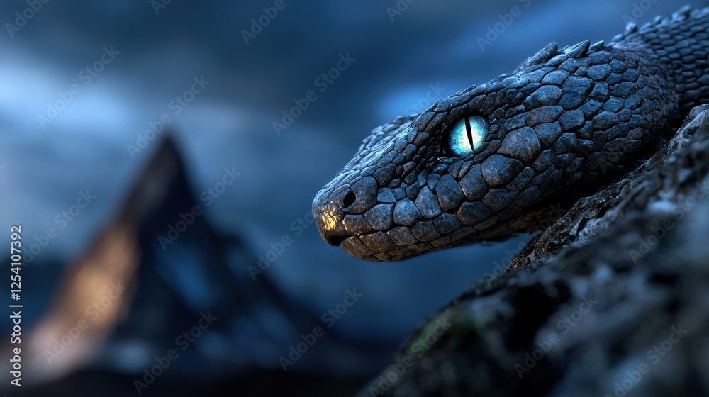Fototapeta premium A snake with striking blue eyes rests on rugged terrain, its textured scales glistening in the twilight. The darkening sky contrasts with the peaks in the background