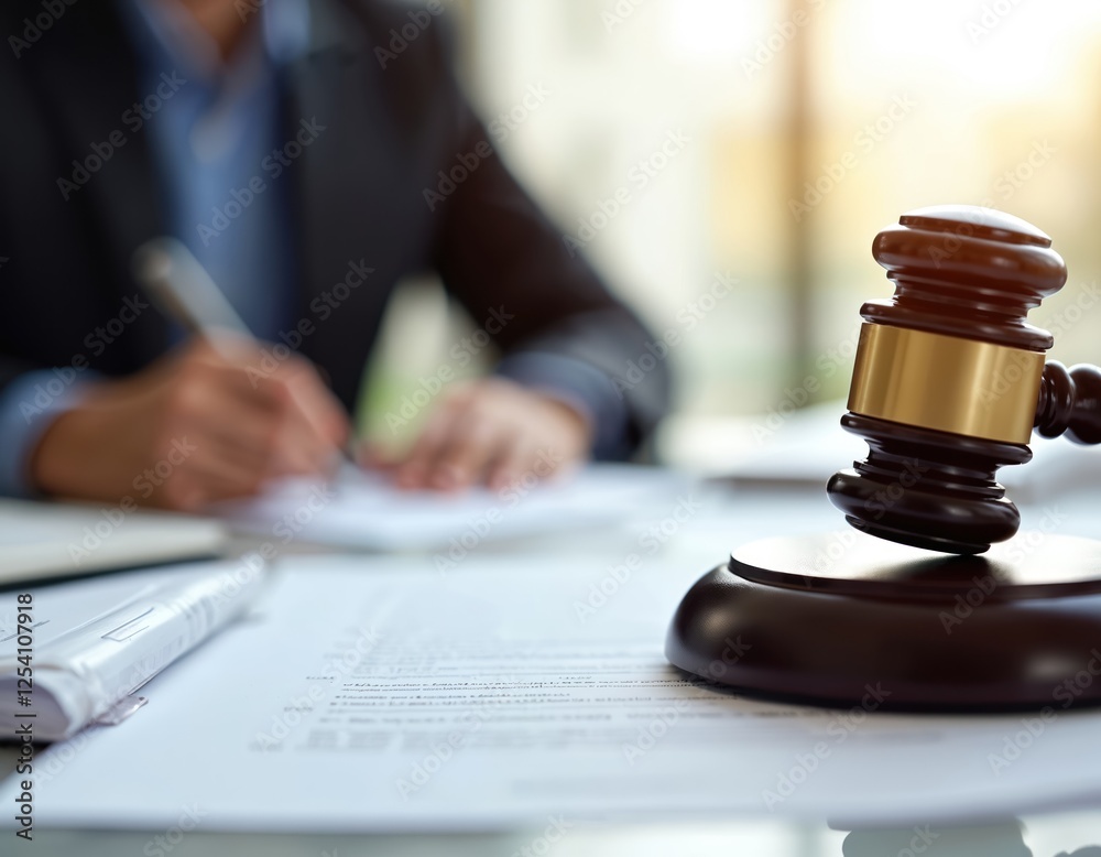 Close-up of gavel, legal documents on table. Blurred figure writes document. Symbolizes legal profession, justice, law, courtroom. Concept of business, paperwork, office practice, contract, lawsuit. Close-up of gavel, legal documents on table. Blurred figure writes document. Symbolizes legal profession, justice, law, courtroom. Concept of business, paperwork, office practice, contract, lawsuit.