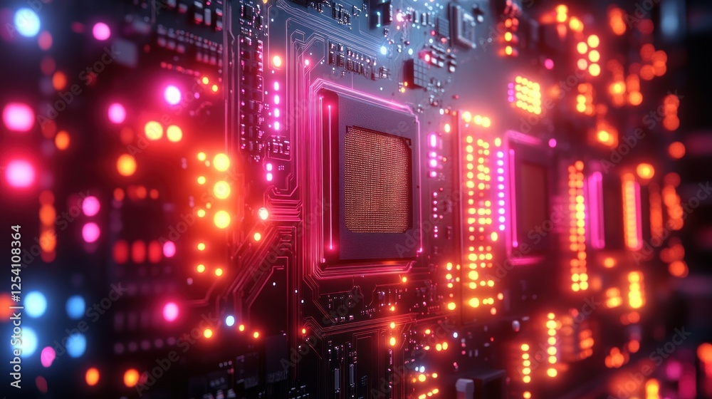 Obraz premium Illuminated Circuit Board Featuring Central Processor