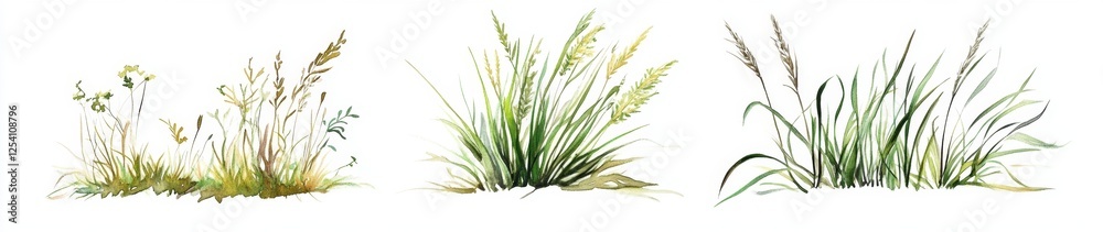Fototapeta premium Watercolor Grass Tufts, Meadow Plants, White Background, Design Elements