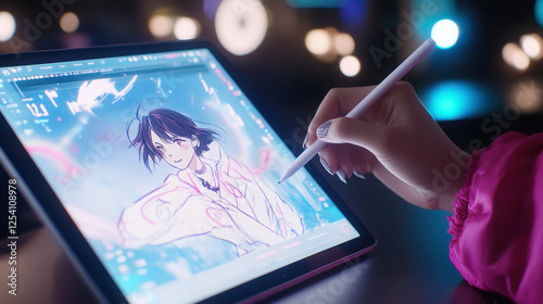 Creative process of sketching manga on digital tablet with stylus