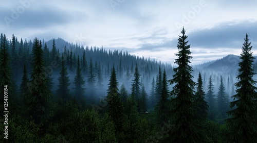 A tranquil forest landscape at dawn with towering evergreen trees. Thick fog blankets the ground, creating an ethereal atmosphere as hills rise gently in the background
