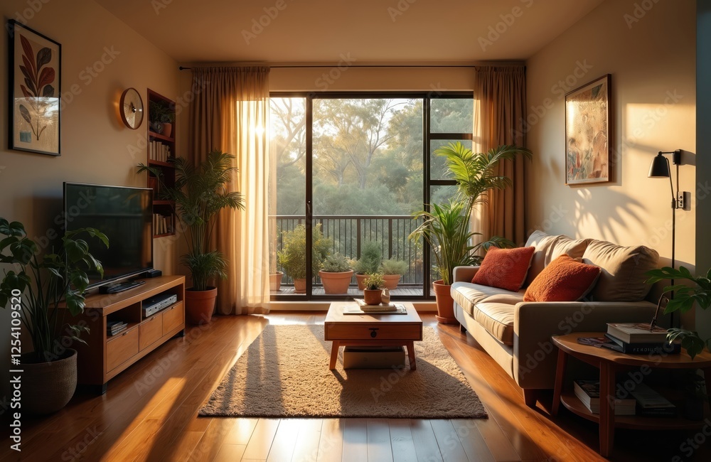 Fototapeta premium Panoramic view cozy interior of australian home with sunlight. Minimal decor with wood elements living room setting with sofa, plants, carpet. Everyday life concept with warm lighting.