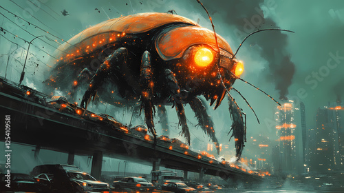 Enormous beetle with glowing eyes demolishing a bridge, cars tumbling into the water below. Insectoid Metropolises. Illustration