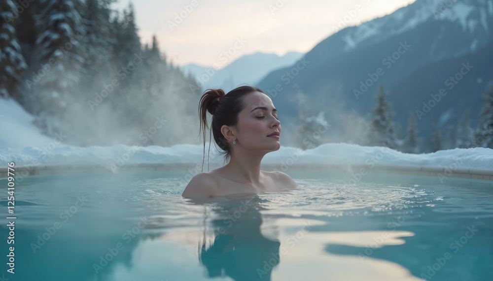 Woman relaxes in geothermal spa pool with steam. Snowy mountains backdrop in winter. Female enjoying hot mineral water at wellness resort. Recreation and therapy. Woman relaxes in geothermal spa pool with steam. Snowy mountains backdrop in winter. Female enjoying hot mineral water at wellness resort. Recreation and therapy.