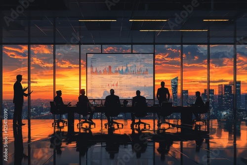 Strategic business meeting at sunset city skyline corporate presentation modern office silhouetted view leadership insights