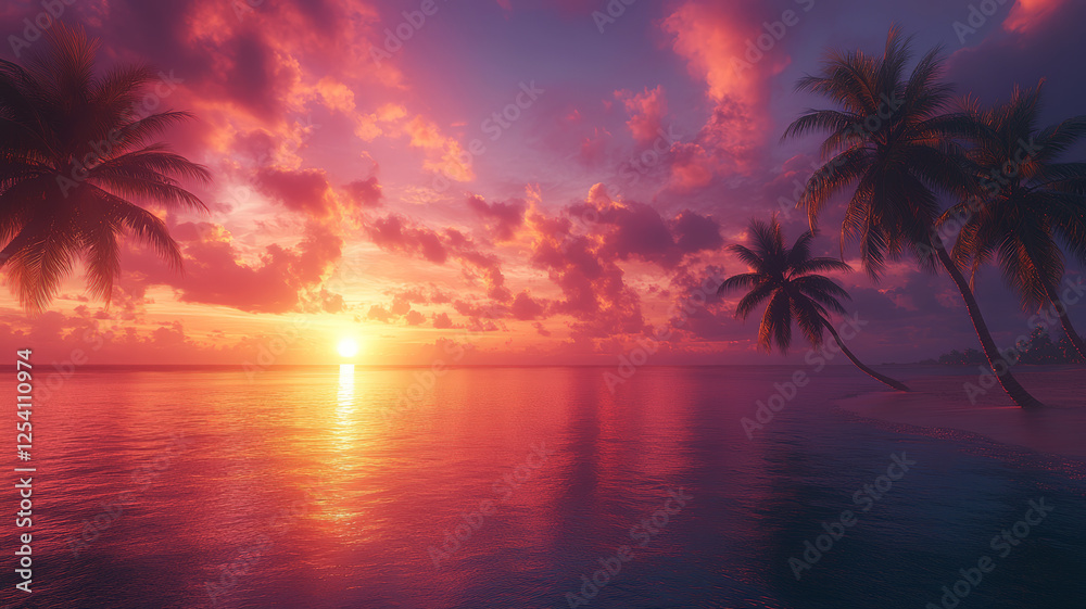 Fototapeta premium Breathtaking tropical beach at sunset with palm trees