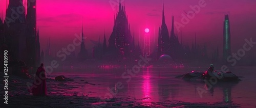 A futuristic cityscape featuring abstract tech visuals and sparkling elements that convey technology and analytics