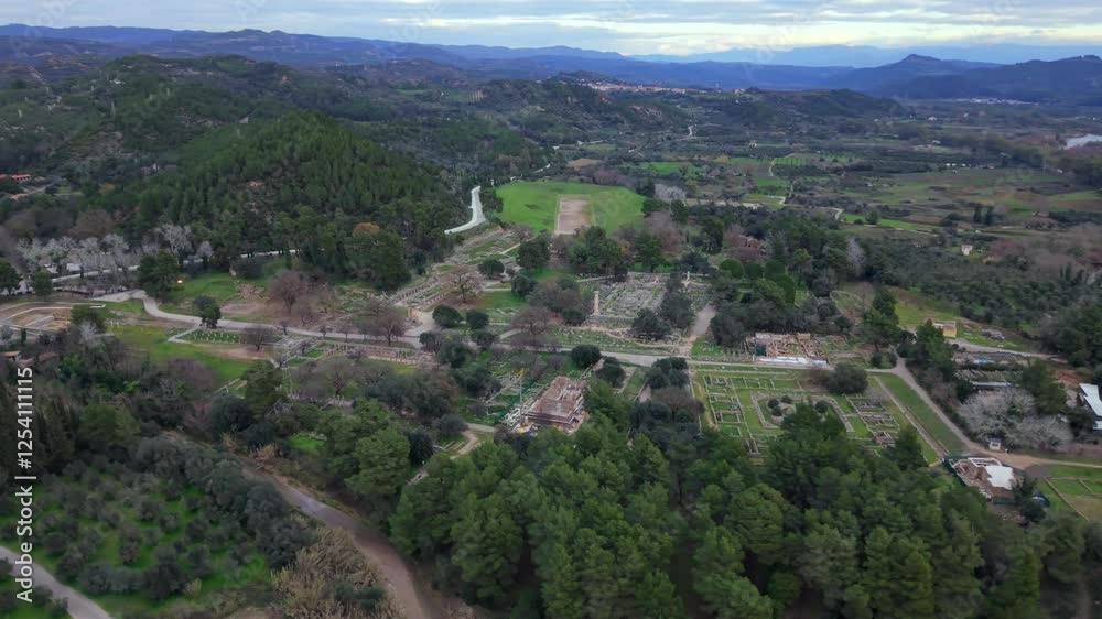 Aerial view of the ruins of Olympia, Olympia was the center of the cult of Zeus, the site of the Olympic Games. Aerial view of the ruins of Olympia, Olympia was the center of the cult of Zeus, the site of the Olympic Games.