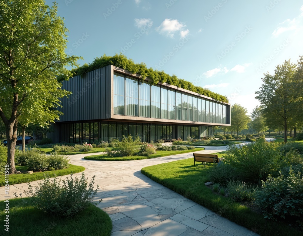 Modern building with green rooftop and glass facade surrounded by trees. Eco-friendly architecture in park. Contemporary office complex with landscape design. Sustainable urban structure. Modern building with green rooftop and glass facade surrounded by trees. Eco-friendly architecture in park. Contemporary office complex with landscape design. Sustainable urban structure.
