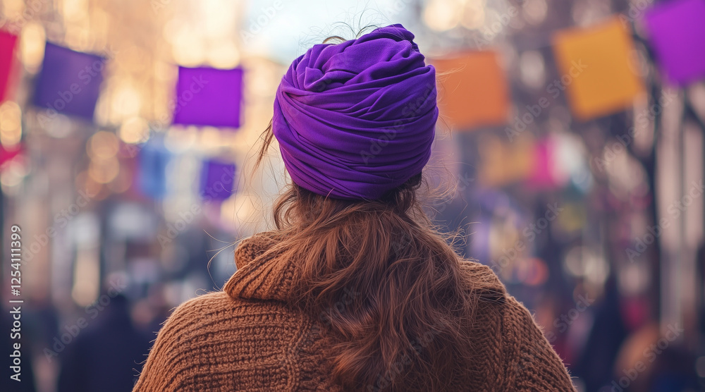 Photo of a woman from behind, with a purple headband on her head, International Women's Day. March 8, street background, background flags. feminine power. positive energy Photo of a woman from behind, with a purple headband on her head, International Women's Day. March 8, street background, background flags. feminine power. positive energy