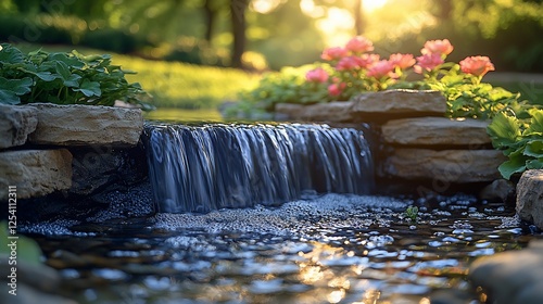 Serene sunset garden waterfall, pink flowers, tranquil pond