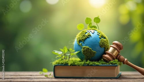 Gavel and earth planet with moss lie on book, against green bokeh. Concept for eco, environmental law, nature protection, justice, climate regulation, sustainability.