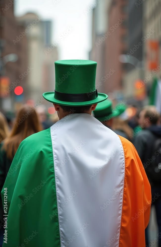 Behind view of man in green Irish hat with National Flag of Ireland on his back. Saint Patrick day holiday parade in city. Celebration of Irish culture and heritage. Behind view of man in green Irish hat with National Flag of Ireland on his back. Saint Patrick day holiday parade in city. Celebration of Irish culture and heritage.