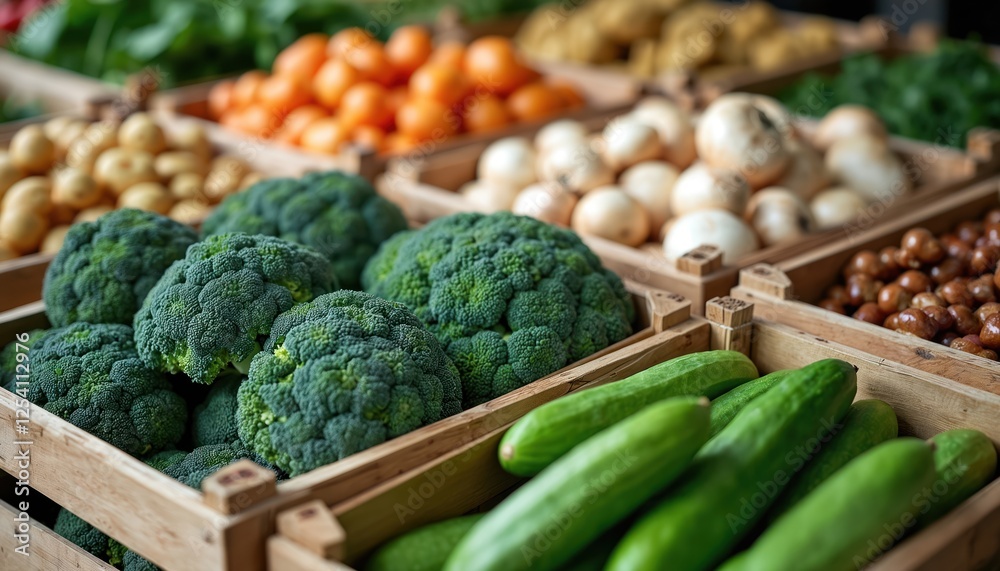 Assortment of fresh vegetables in wooden crates. Broccoli, cucumbers, mushrooms and potatoes at farmers market. Fresh food ingredients. Nutritious veggies enhance healthy lifestyle and diet. Assortment of fresh vegetables in wooden crates. Broccoli, cucumbers, mushrooms and potatoes at farmers market. Fresh food ingredients. Nutritious veggies enhance healthy lifestyle and diet.