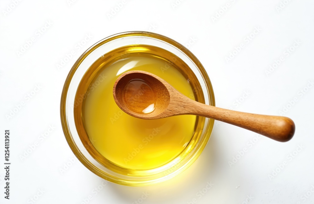 Top view of soybean cooking oil in glass bowl with wooden spoon isolated on white background. Healthy fat ingredient for vegetarian diet, balanced nourishment. Top view of soybean cooking oil in glass bowl with wooden spoon isolated on white background. Healthy fat ingredient for vegetarian diet, balanced nourishment.