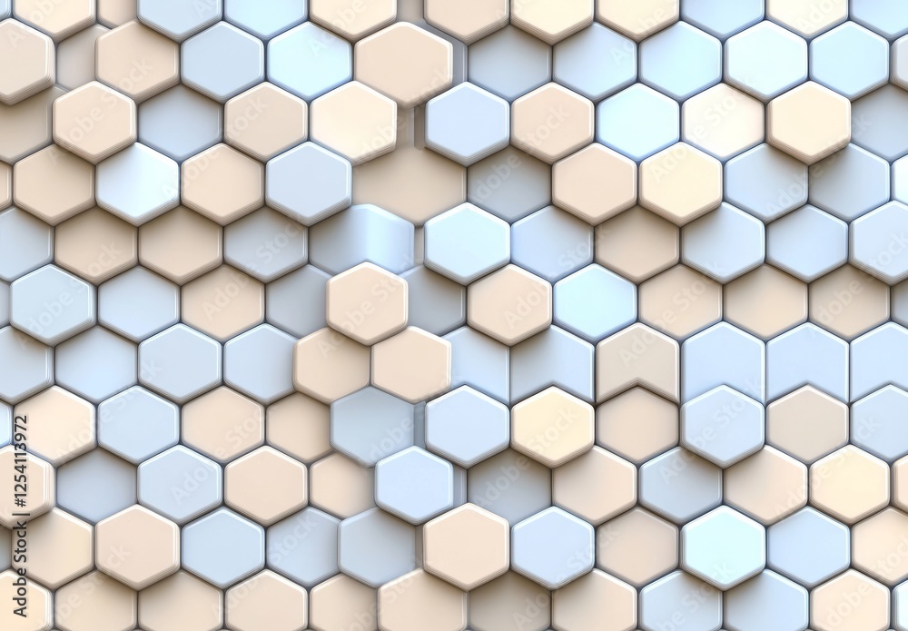 Naklejka premium An abstract digital art piece showcasing cracked blue and beige hexagonal tiles on a light beige background