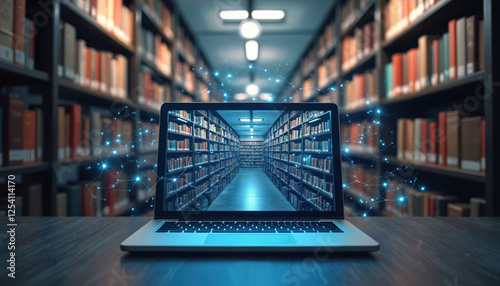 E-library on laptop screen displays online learning. Digital books on bookshelves for education, knowledge. Concept of E-Learning, digital resources and information access. Technology background.