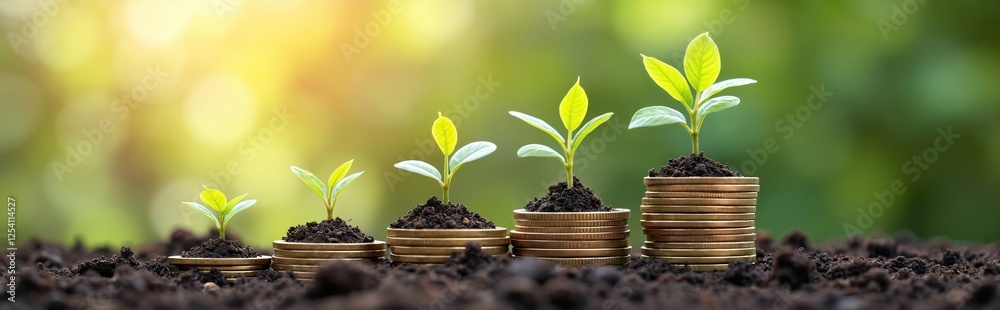 Plants grow from coin stacks in soil illustrating investment growth. Rising chart, finance, wealth, profit, success symbol. Concept of financial planning and savings rising revenue.