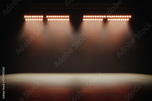 Center Stage: Dramatic spotlights illuminate an empty stage, casting beams of warm light through a haze of smoke, creating an ethereal and expectant atmosphere. 