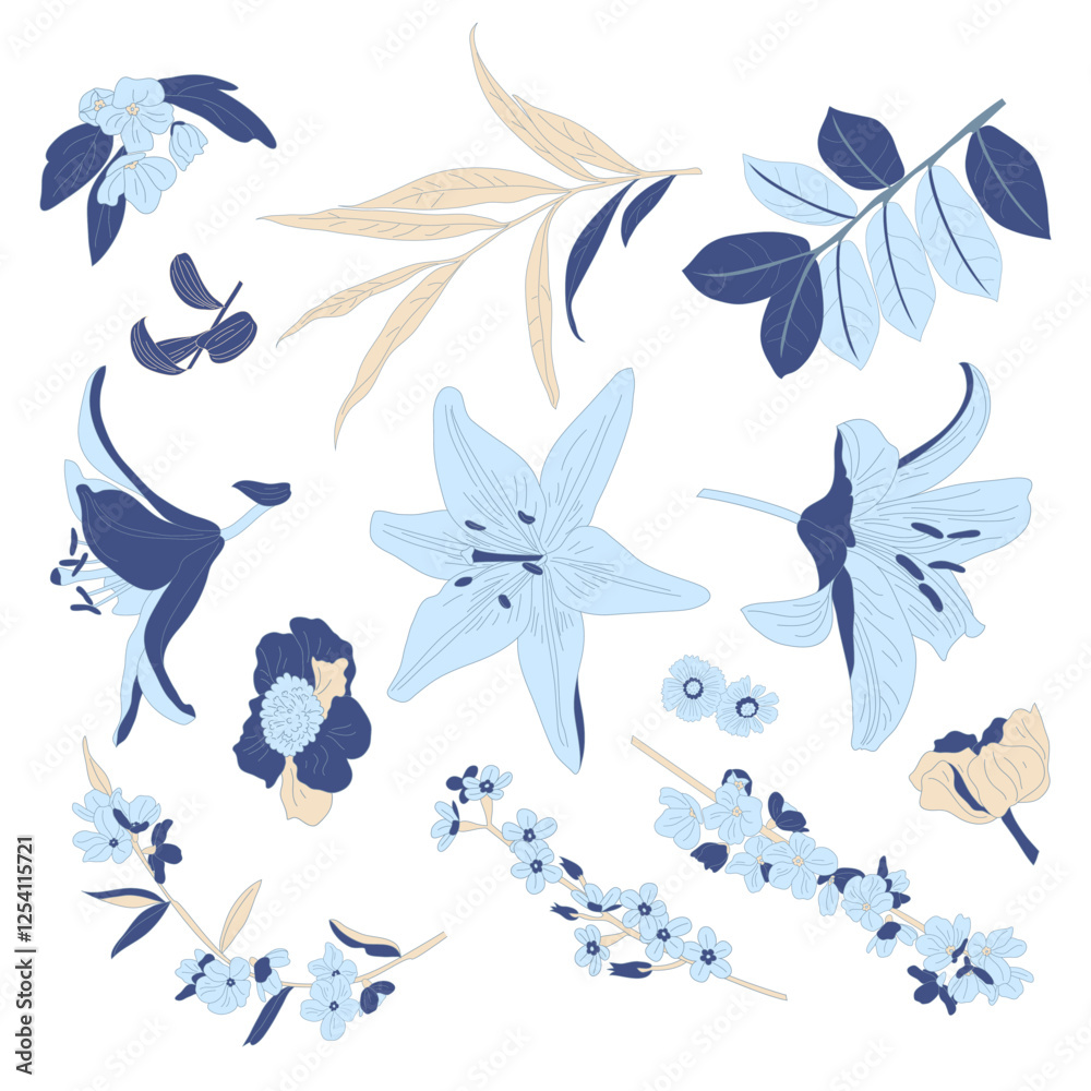 Vector illustration of hand-drawn flowewrs, lilies and leaves isolated on a white background. Elegant vector floral elements perfect for botanical designs, wedding invitations, textiles, and seasonal Vector illustration of hand-drawn flowewrs, lilies and leaves isolated on a white background. Elegant vector floral elements perfect for botanical designs, wedding invitations, textiles, and seasonal