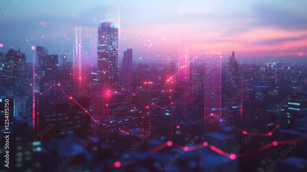 Fototapeta premium 5G Network A cityscape with 5G network signals symbolized by glowing waves, representing the high-speed wireless technology transforming communication.