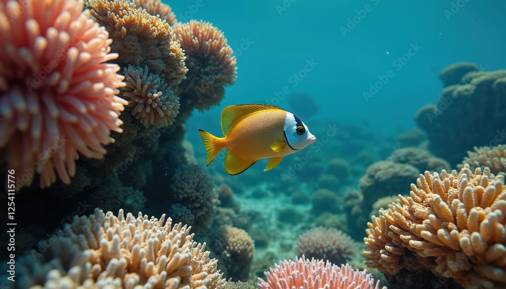 Obraz premium Underwater scene with yellow fish swimming among coral and sponges. Marine life thrives in clear blue ocean water with sea plants. Beautiful seascape with reef.