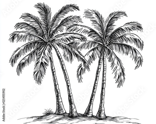 Tropical island palm trees sketch, beach background, design element