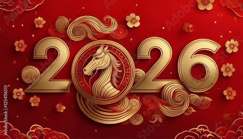 2026 chinese new year celebration banner gold horse on red