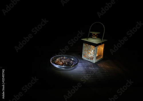 A realistic Arabian interior miniature with window and columns. Meals are served before sunrise called Suhur. Festive greeting card, invitation for Muslim holy month Ramadan Kareem. photo