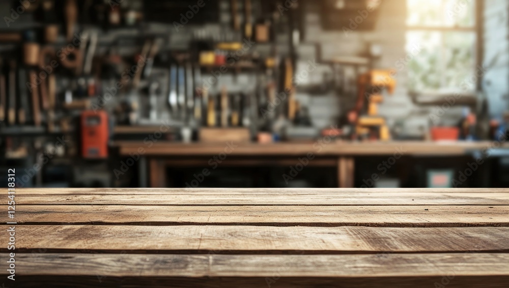 Rustic Wooden Tabletop with Blurred Workshop Background Rustic Wooden Tabletop with Blurred Workshop Background