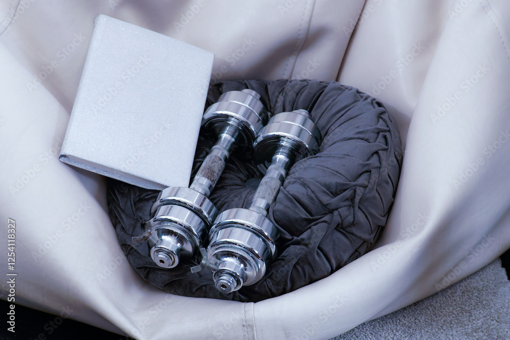 Steel dumbbells and fitness book resting on cozy cushions for home workout