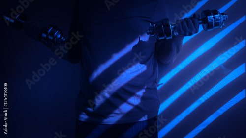 Obraz na płótnie Athlete lifting dumbbells in dramatic blue lighting with shadows w salonie