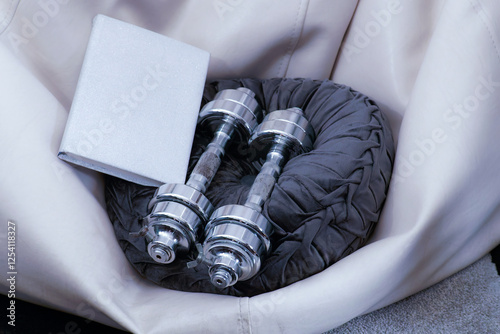 Obraz na płótnie Steel dumbbells and fitness book resting on cozy cushions for home workout w salonie