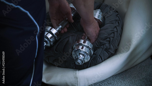 Obraz na płótnie Athlete putting away dumbbells after home workout w salonie