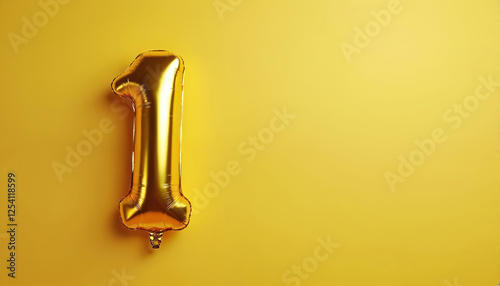 Golden balloon number one on bright yellow background. Anniversary celebration. Banner with number 1 for birthday party. Business glossy signs, festive holiday decoration, layout.