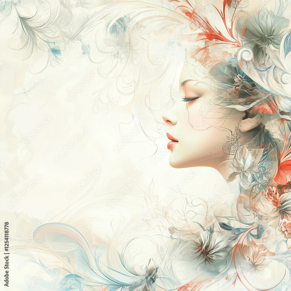 Ethereal woman with floral elements, Digital paper background, frame
