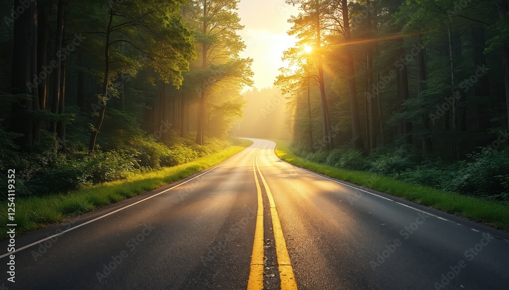 Winding road disappears into forested landscape on sunny day. It Symbolizes journey toward goals, adventure. Large text space for inspirational quote, motivational message or creative advertisement. Winding road disappears into forested landscape on sunny day. It Symbolizes journey toward goals, adventure. Large text space for inspirational quote, motivational message or creative advertisement.