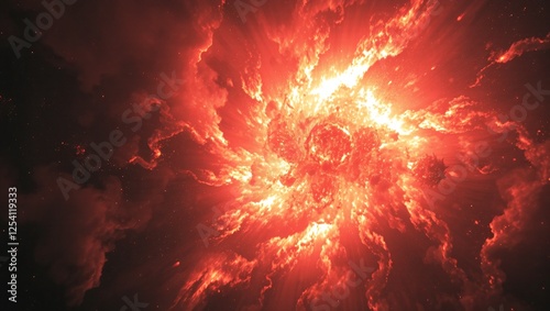 Epic cosmic supernova explosion with fiery debris, massive energy burst, radiant light waves, bright galactic explosion, ultra-HD space art, realistic astrophysical phenomenon
