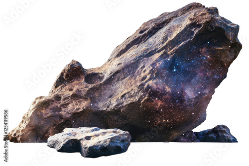 Surreal rock formation with a galaxy embedded, showcasing a blend of earthly textures and cosmic elements, designed for artistic displays, scientific illustrations, or imaginative concepts photo